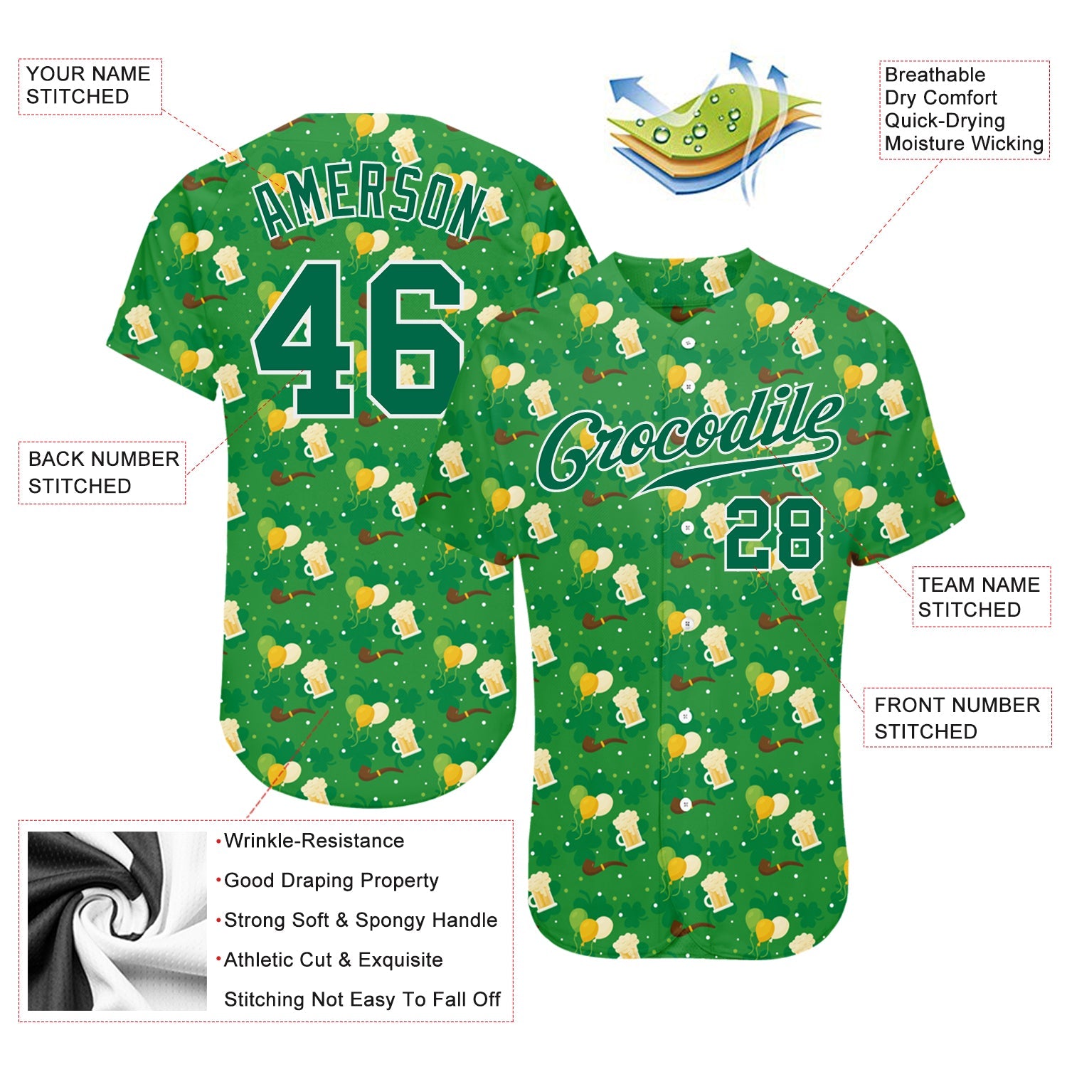 Custom Kelly Green Kelly Green-White 3D Pattern Design Authentic St. Patrick's Day Baseball Jersey - Sky-Custom