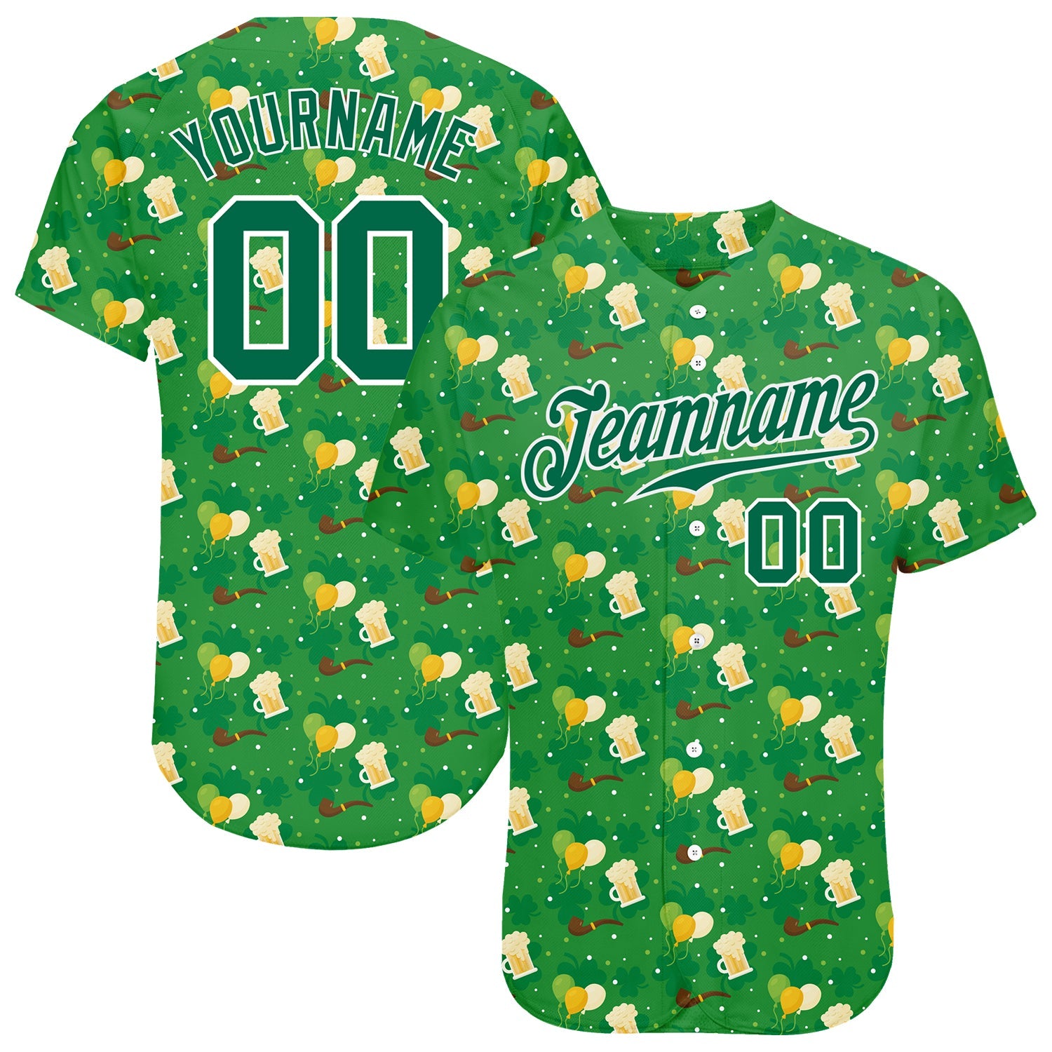 Custom Kelly Green Kelly Green-White 3D Pattern Design Authentic St. Patrick's Day Baseball Jersey - Sky-Custom