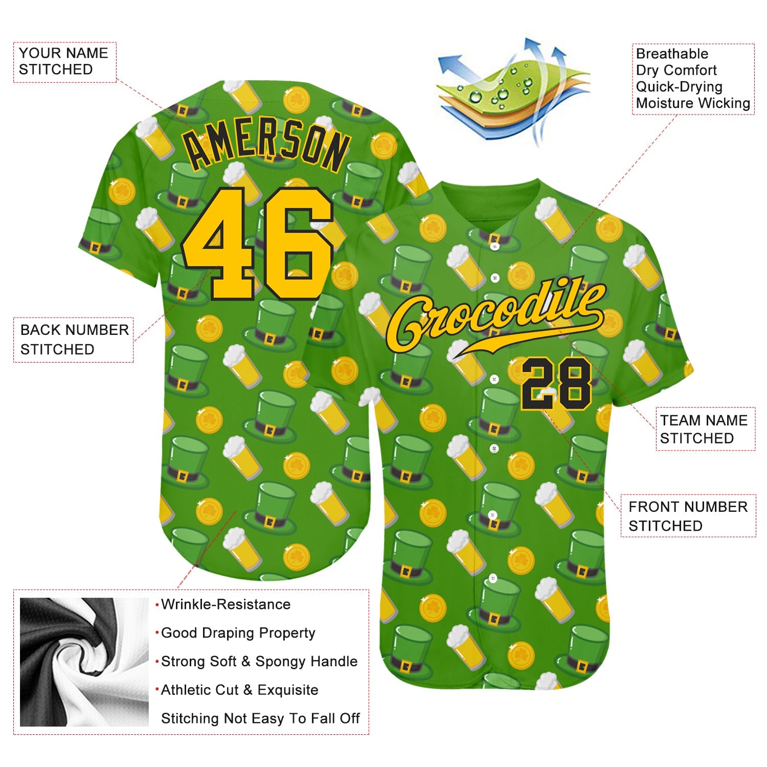 Custom Kelly Green Gold-Black 3D Pattern Design Authentic St. Patrick's Day Baseball Jersey - Sky-Custom