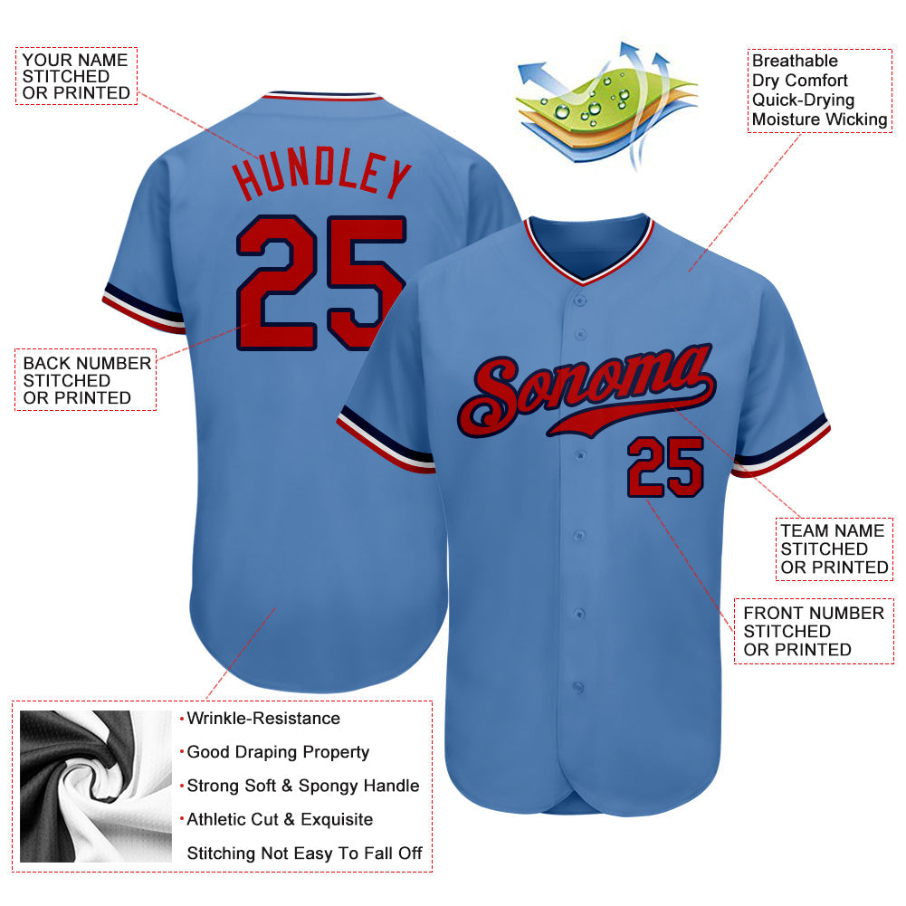 Custom Light Blue Red-Navy Authentic Baseball Jersey - Sky-Custom