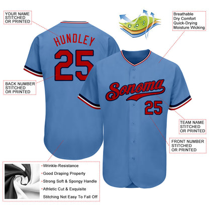Custom Light Blue Red-Navy Authentic Baseball Jersey - Sky-Custom