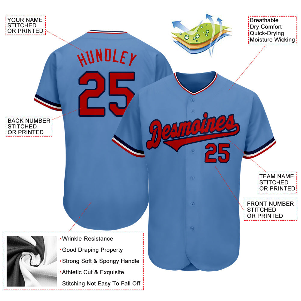 Custom Light Blue Red-Navy Authentic Baseball Jersey - Sky-Custom