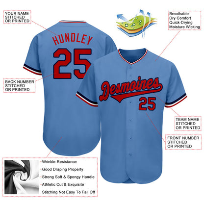 Custom Light Blue Red-Navy Authentic Baseball Jersey - Sky-Custom
