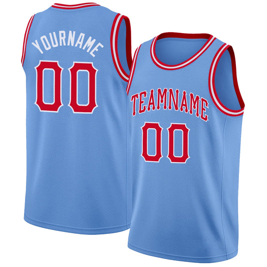 Custom Light Blue Red-White Round Neck Rib-Knit Basketball Jersey - Sky-Custom