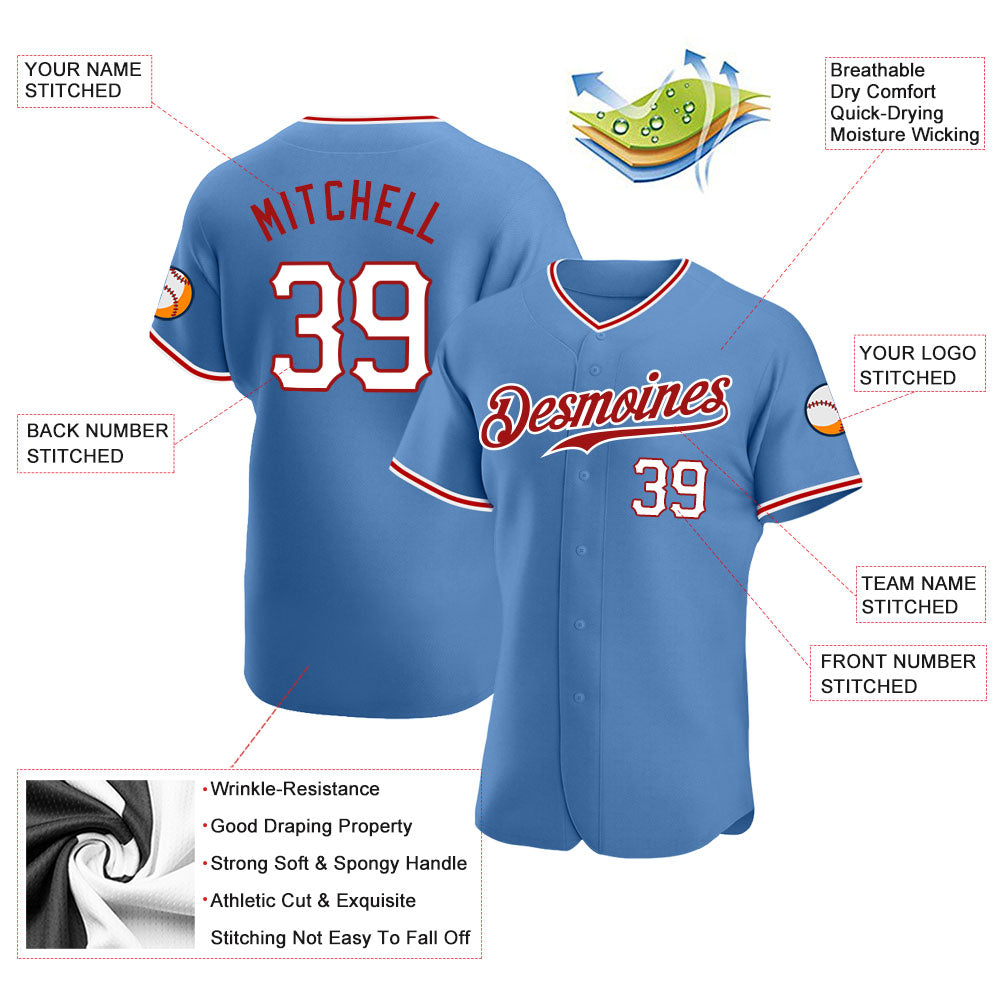 Custom Light Blue White-Red Authentic Baseball Jersey - Sky-Custom