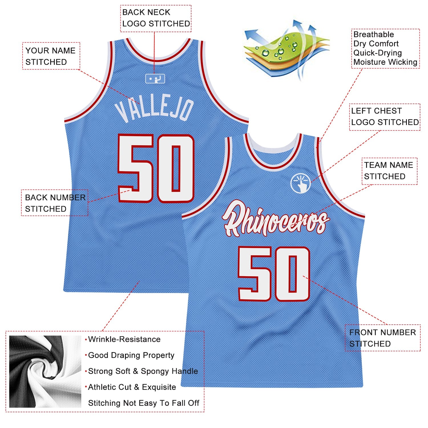 Custom Light Blue White-Red Authentic Throwback Basketball Jersey - Sky-Custom