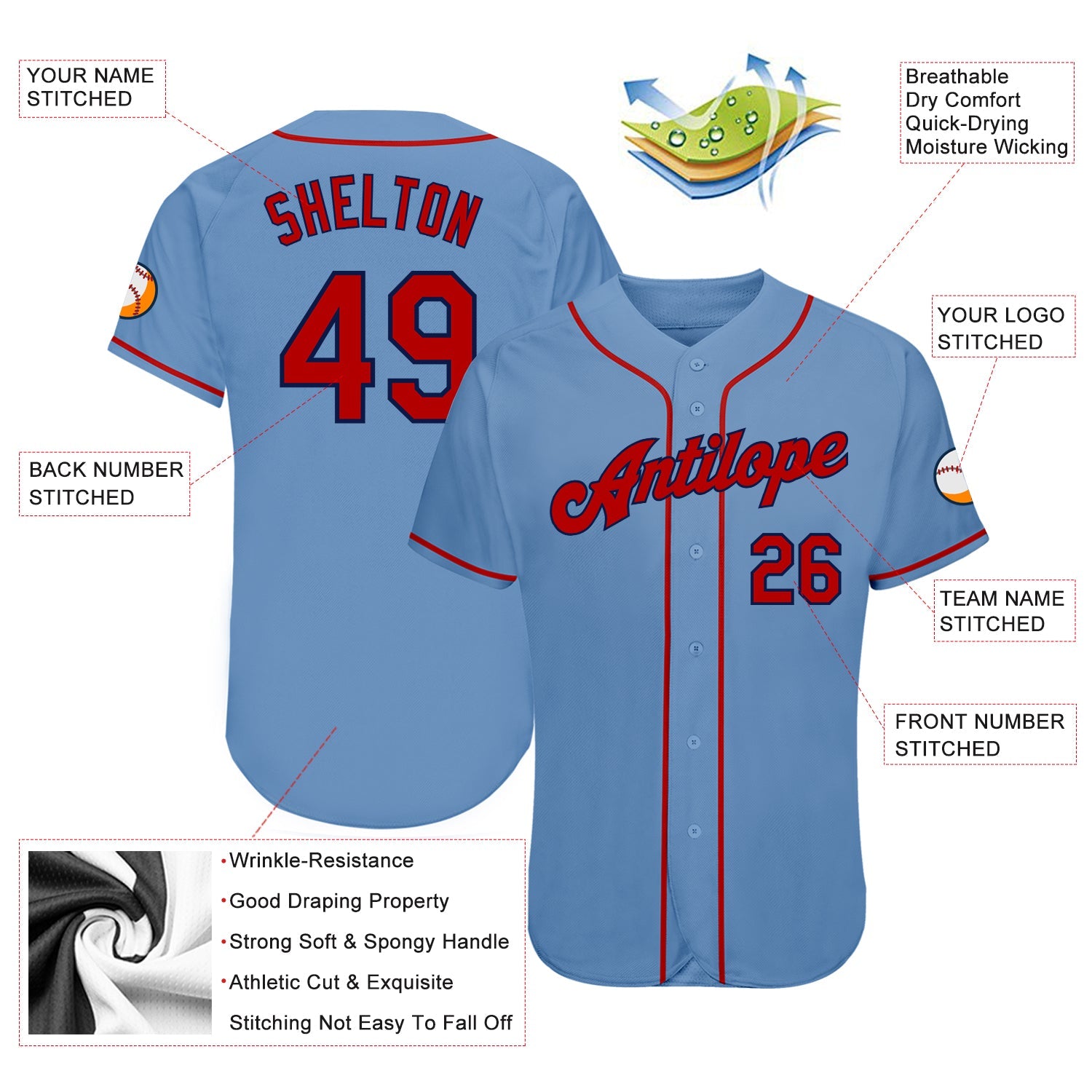 Custom Light Blue Red-Navy Authentic Baseball Jersey - Sky-Custom