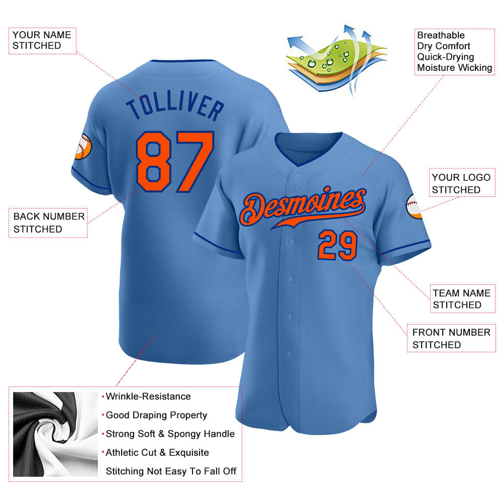 Custom Light Blue Orange-Royal Authentic Baseball Jersey - Sky-Custom