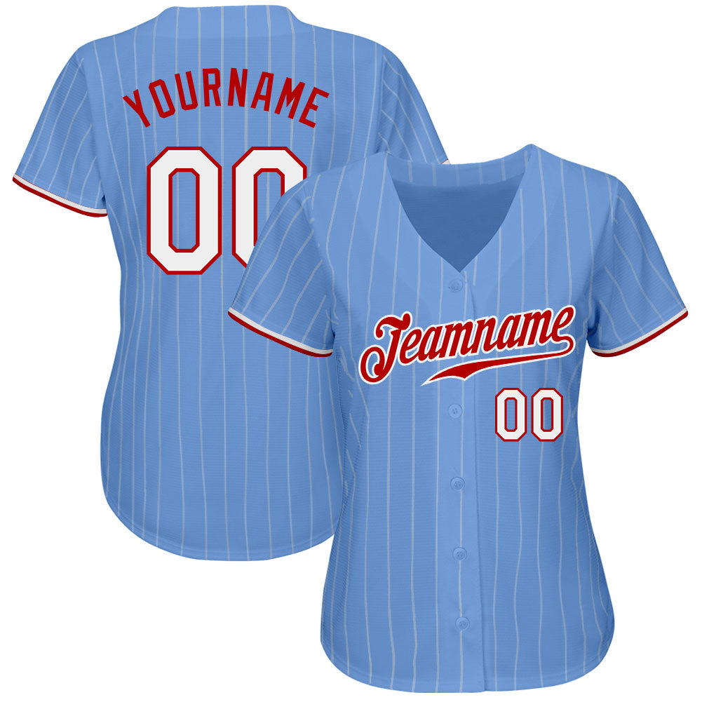 Custom Light Blue White Pinstripe White-Red Authentic Baseball Jersey - Sky-Custom