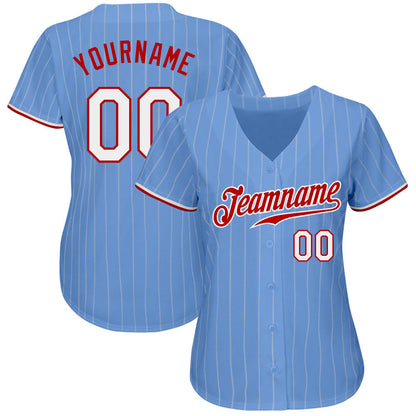 Custom Light Blue White Pinstripe White-Red Authentic Baseball Jersey - Sky-Custom