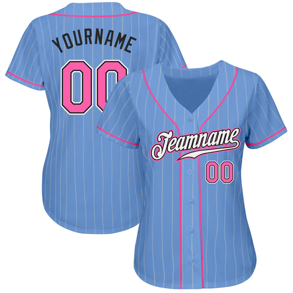 Custom Light Blue White Pinstripe Pink-Black Authentic Baseball Jersey - Sky-Custom