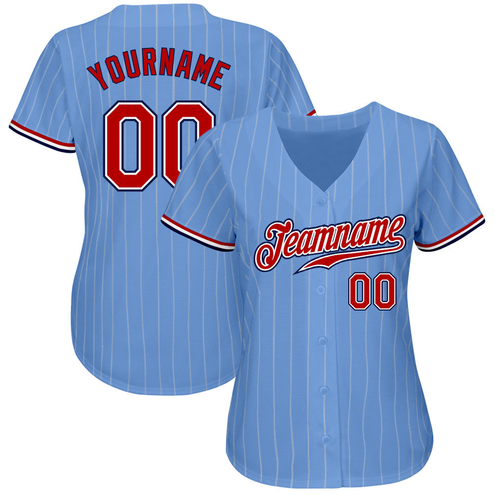 Custom Light Blue White Pinstripe Red-Navy Authentic Baseball Jersey - Sky-Custom