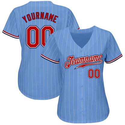 Custom Light Blue White Pinstripe Red-Navy Authentic Baseball Jersey - Sky-Custom