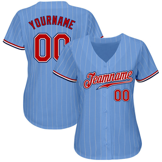 Custom Light Blue White Pinstripe Red-Navy Authentic Baseball Jersey - Sky-Custom