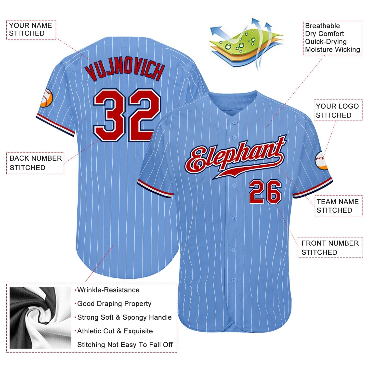 Custom Light Blue White Pinstripe Red-Navy Authentic Baseball Jersey - Sky-Custom
