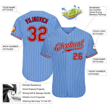 Custom Light Blue White Pinstripe Red-Navy Authentic Baseball Jersey - Sky-Custom