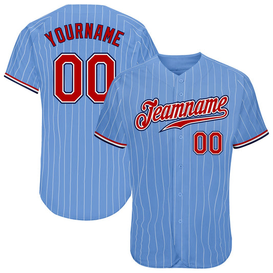 Custom Light Blue White Pinstripe Red-Navy Authentic Baseball Jersey - Sky-Custom