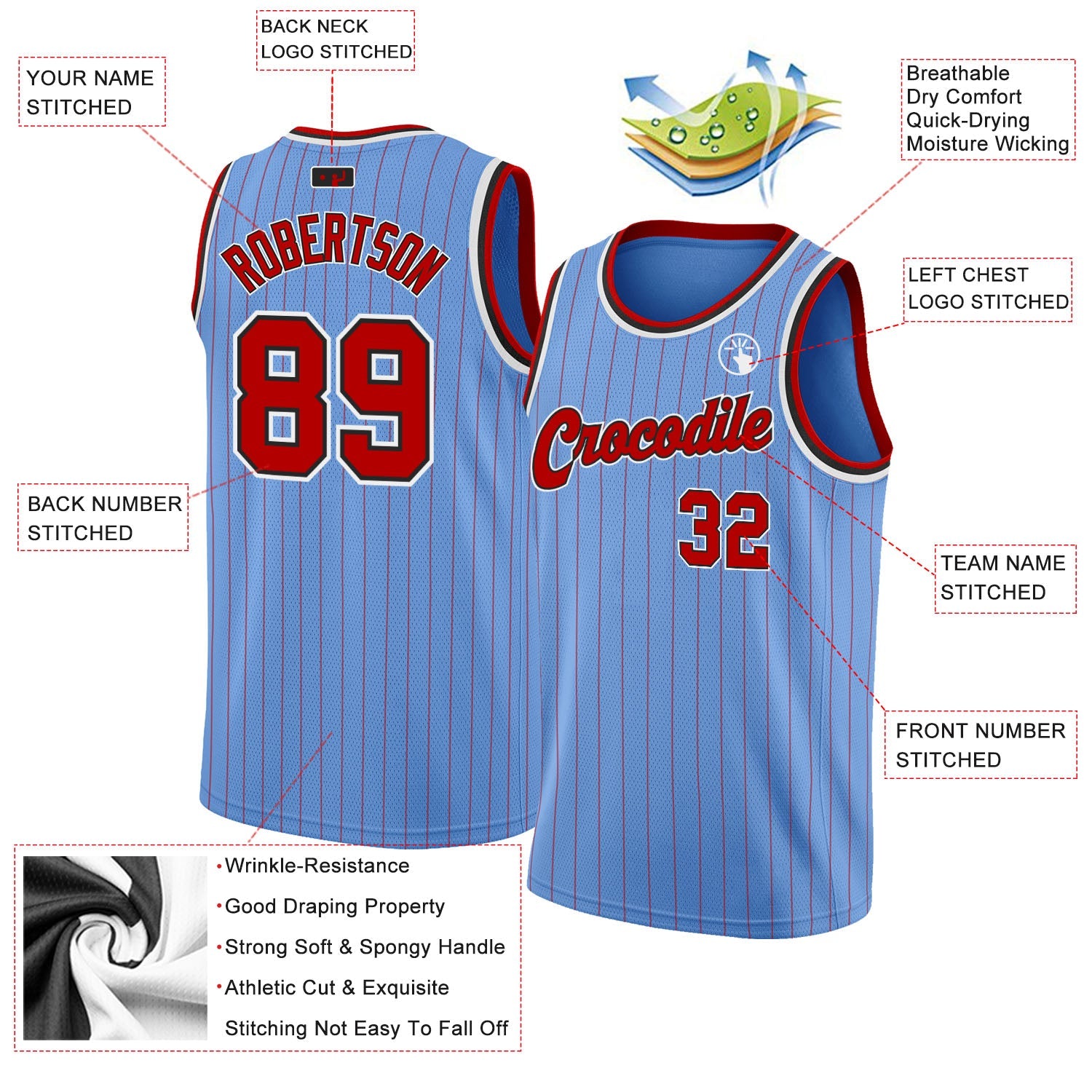 Custom Light Blue Red Pinstripe Red-Black Authentic Basketball Jersey - Sky-Custom
