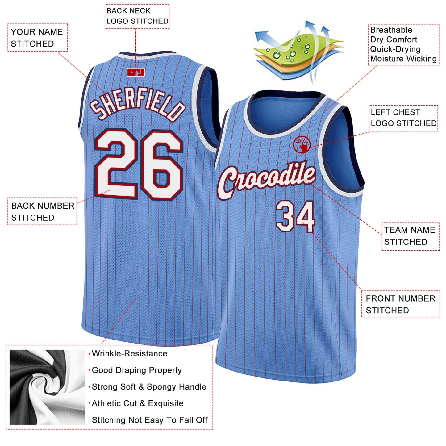 Custom Light Blue Red Pinstripe White-Navy Authentic Basketball Jersey - Sky-Custom