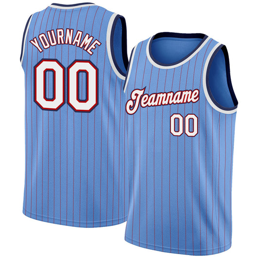 Custom Light Blue Red Pinstripe White-Navy Authentic Basketball Jersey - Sky-Custom