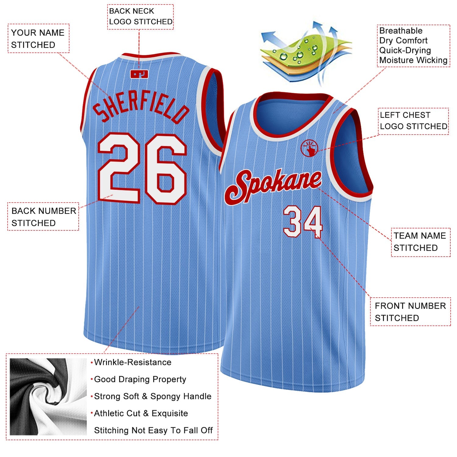 Custom Light Blue White Pinstripe White-Red Authentic Basketball Jersey - Sky-Custom