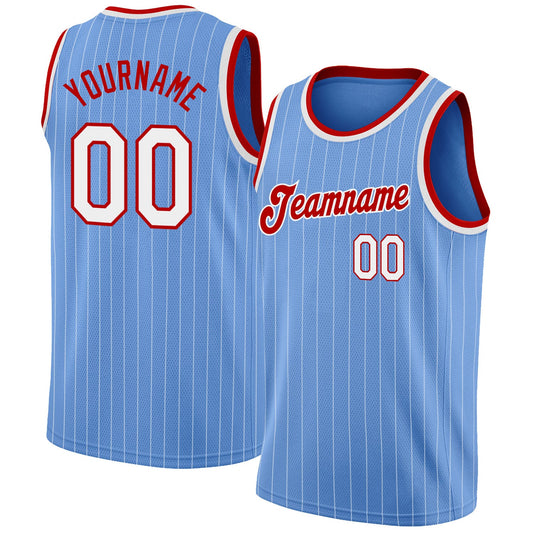 Custom Light Blue White Pinstripe White-Red Authentic Basketball Jersey - Sky-Custom
