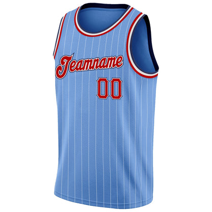 Custom Light Blue White Pinstripe Red-Navy Authentic Basketball Jersey - Sky-Custom