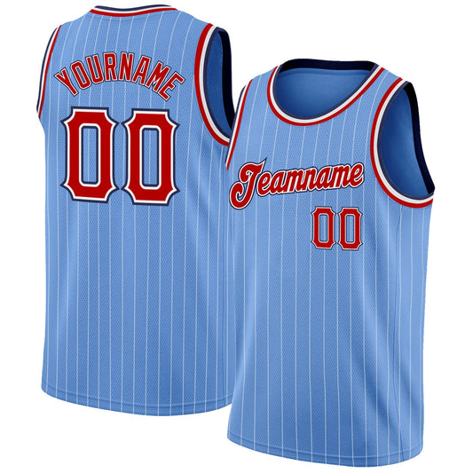 Custom Light Blue White Pinstripe Red-Navy Authentic Basketball Jersey - Sky-Custom