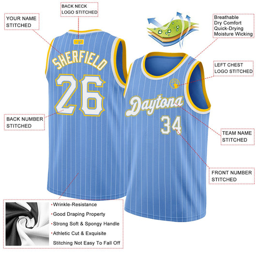 Custom Light Blue White Pinstripe White-Gold Authentic Basketball Jersey - Sky-Custom