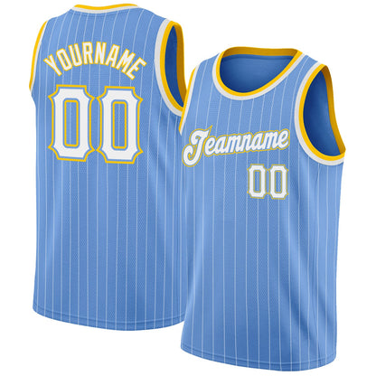 Custom Light Blue White Pinstripe White-Gold Authentic Basketball Jersey - Sky-Custom