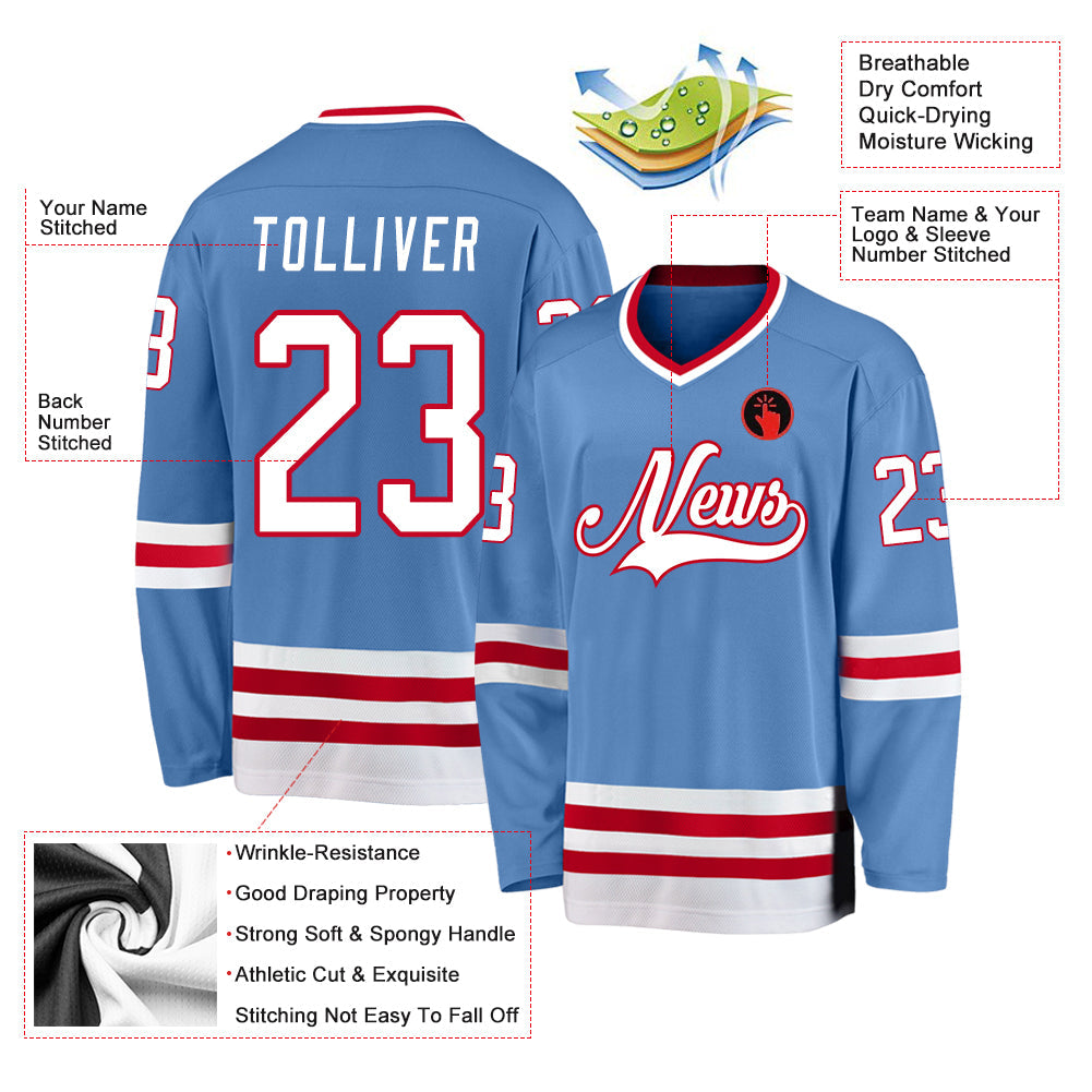 Custom Light Blue White-Red Hockey Jersey - Sky-Custom