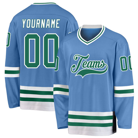 Custom Light Blue Kelly Green-White Hockey Jersey - Sky-Custom