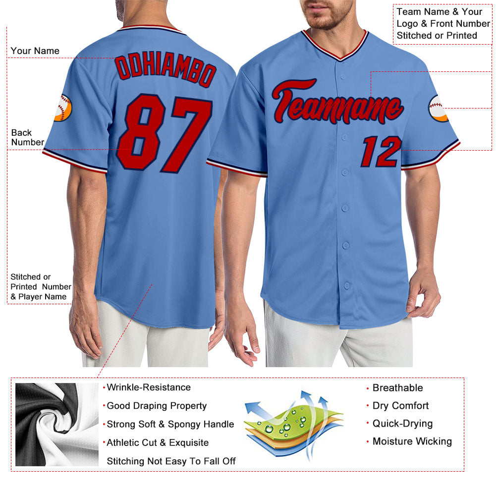 Custom Light Blue Red-Navy Authentic Baseball Jersey - Sky-Custom