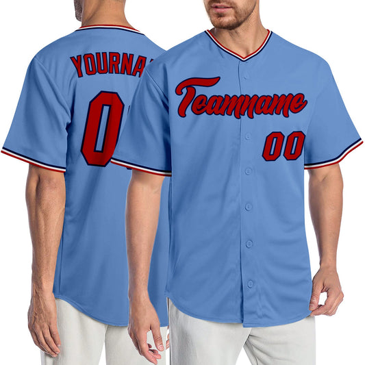 Custom Light Blue Red-Navy Authentic Baseball Jersey - Sky-Custom