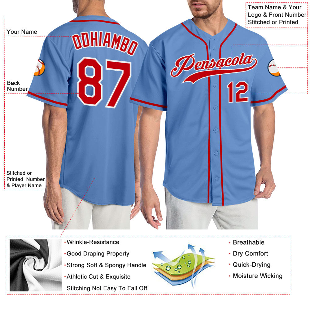Custom Light Blue Red-White Authentic Baseball Jersey - Sky-Custom