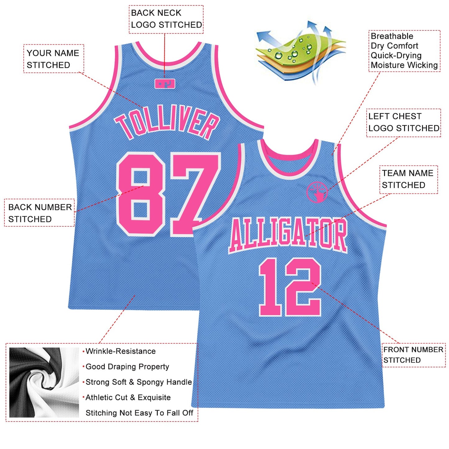 Custom Light Blue Pink-White Authentic Throwback Basketball Jersey - Sky-Custom