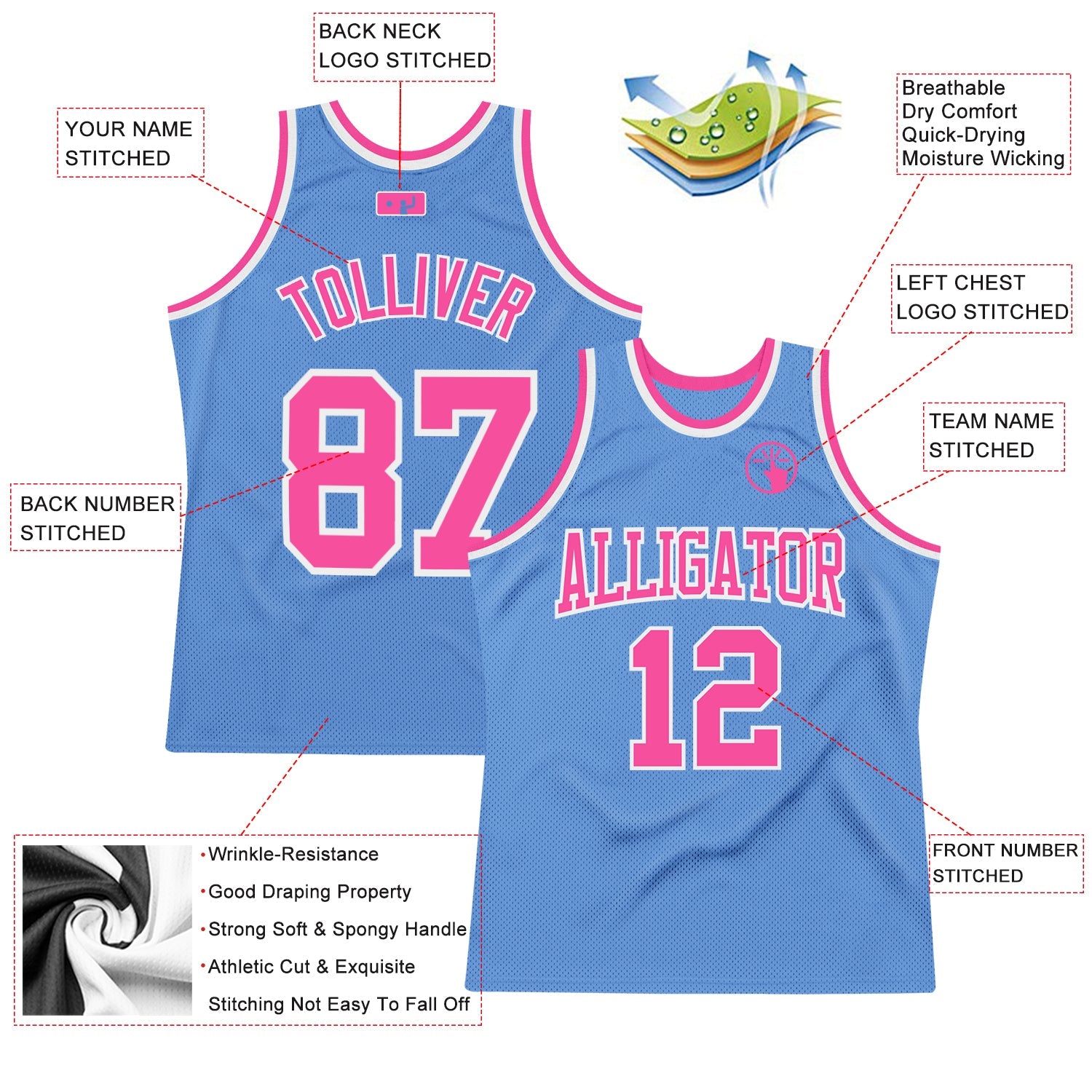 Custom Light Blue Pink-White Authentic Throwback Basketball Jersey - Sky-Custom