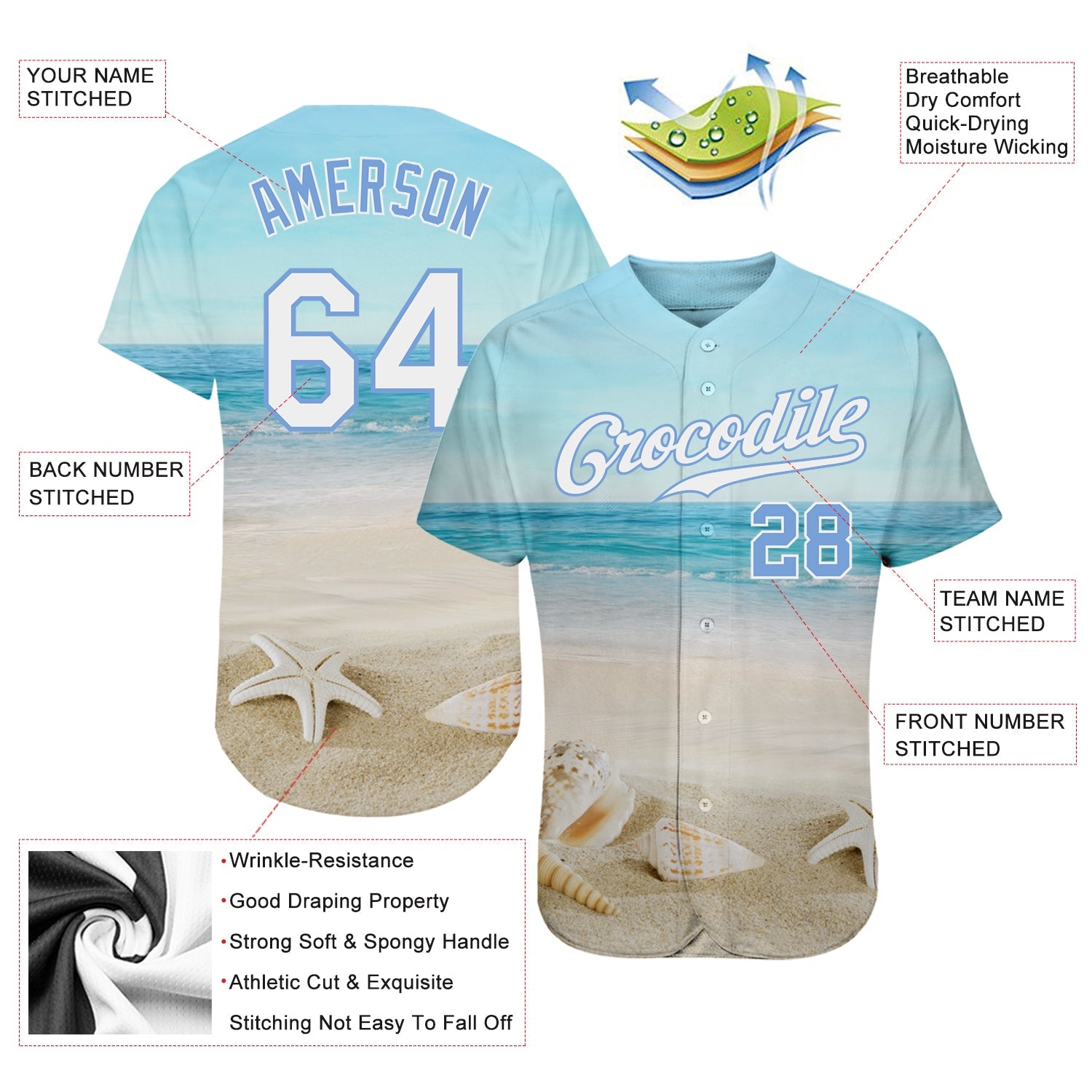 Custom Light Blue White-Light Blue 3D Pattern Design Beach Authentic Baseball Jersey - Sky-Custom