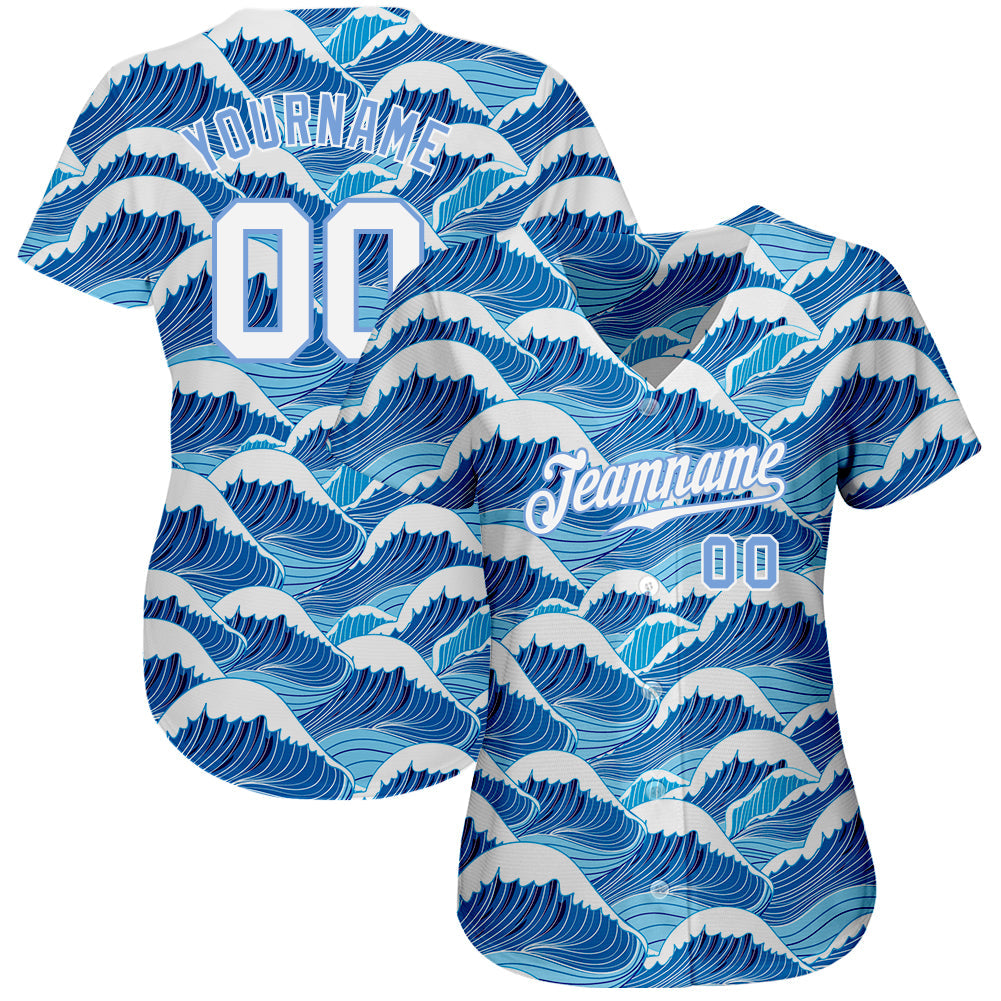 Custom Light Blue White-Light Blue 3D Pattern Design Waves Authentic Baseball Jersey - Sky-Custom