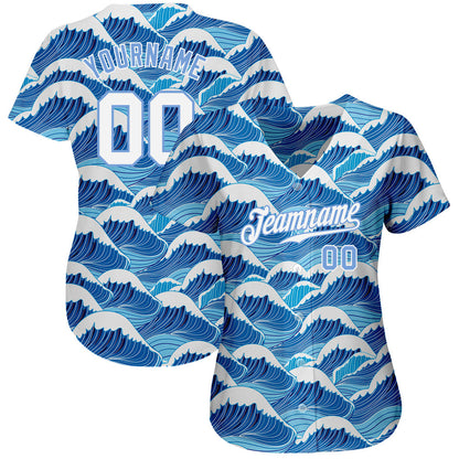 Custom Light Blue White-Light Blue 3D Pattern Design Waves Authentic Baseball Jersey - Sky-Custom