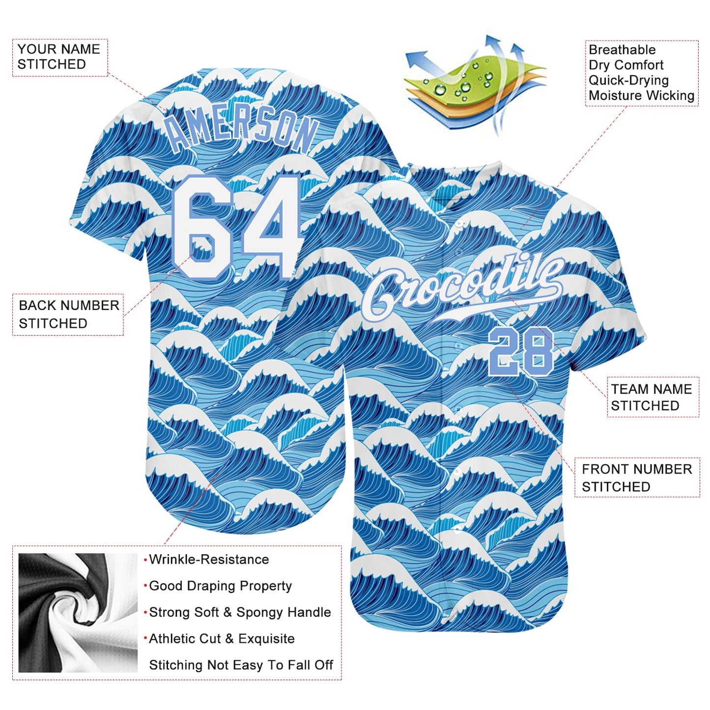 Custom Light Blue White-Light Blue 3D Pattern Design Waves Authentic Baseball Jersey - Sky-Custom