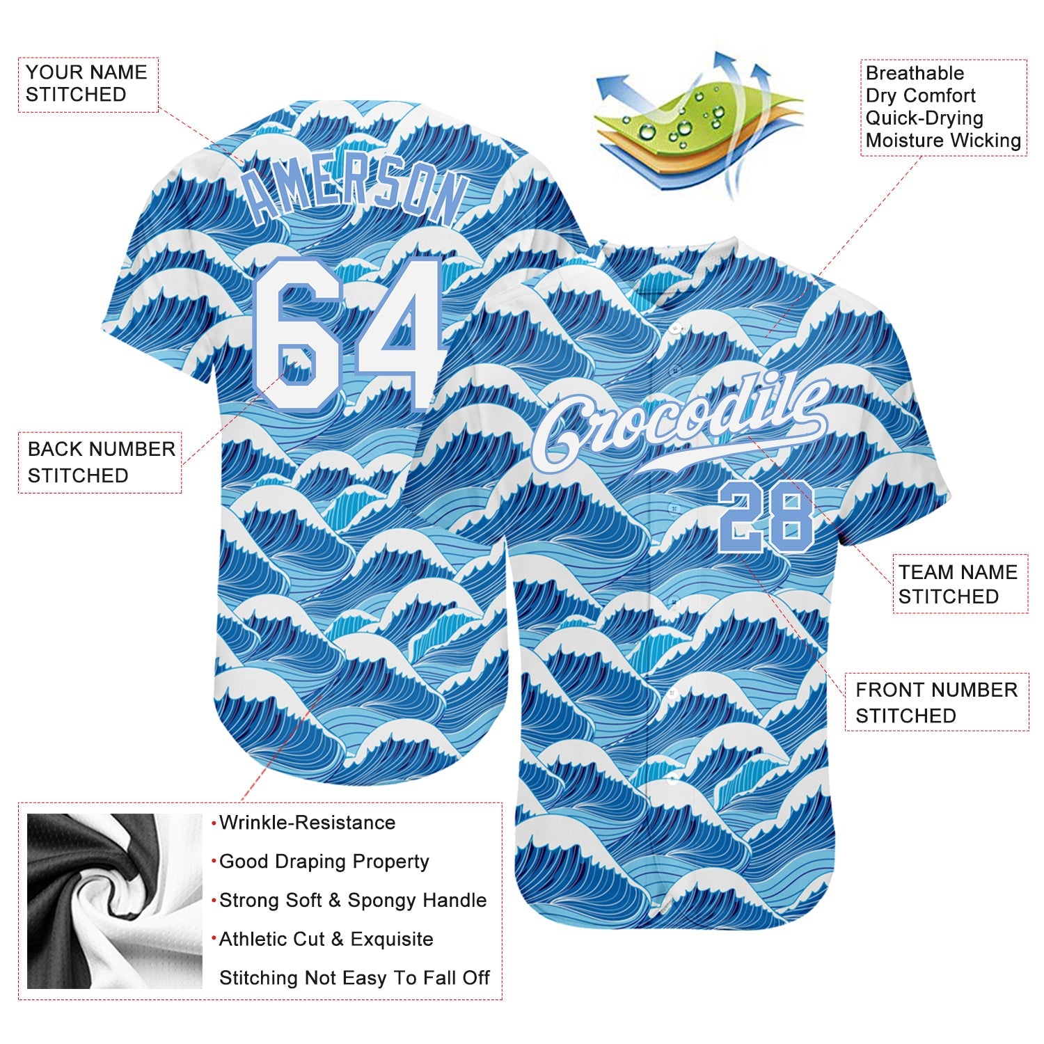 Custom Light Blue White-Light Blue 3D Pattern Design Waves Authentic Baseball Jersey - Sky-Custom