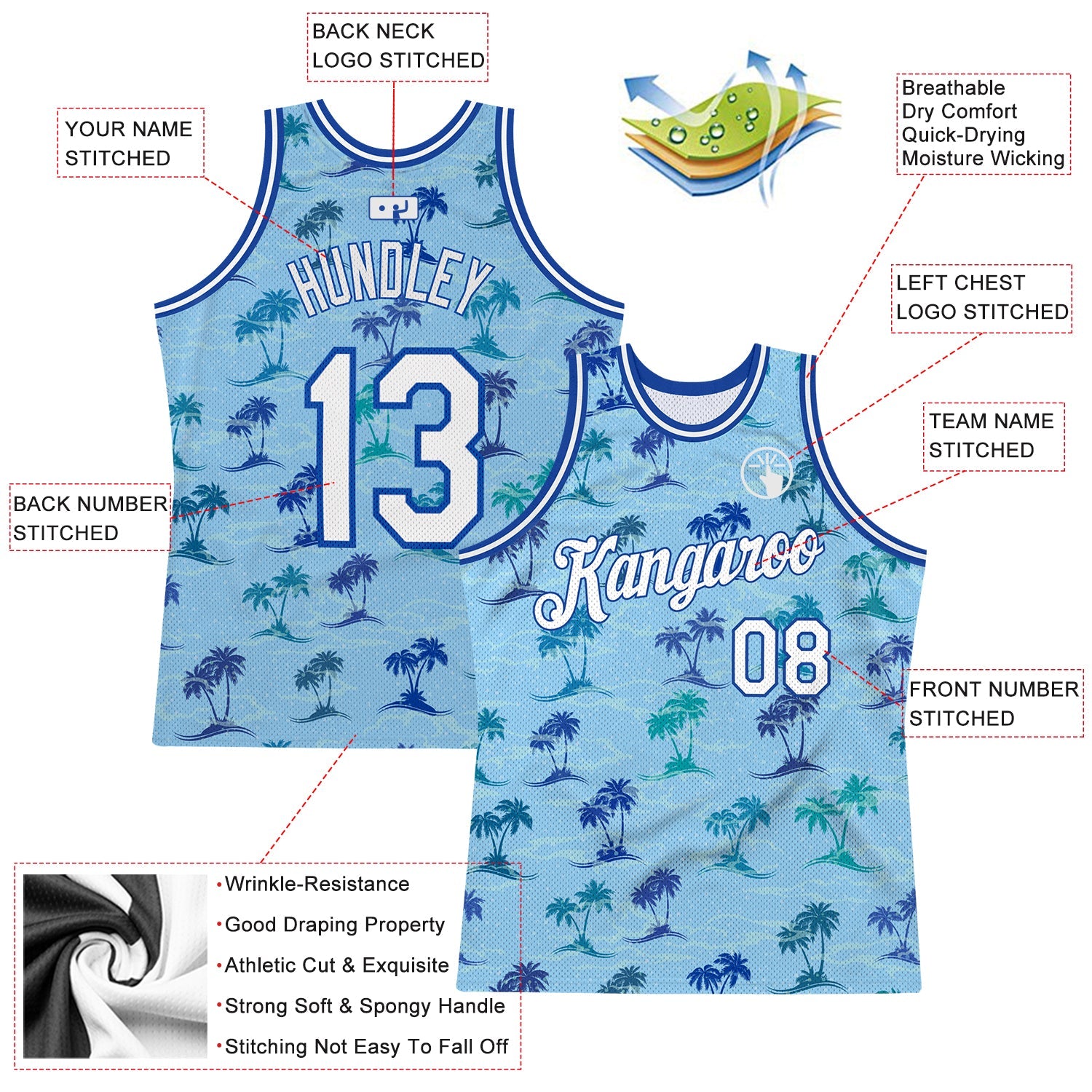 Custom Light Blue White-Royal 3D Pattern Hawaii Palm Trees Authentic Basketball Jersey - Sky-Custom