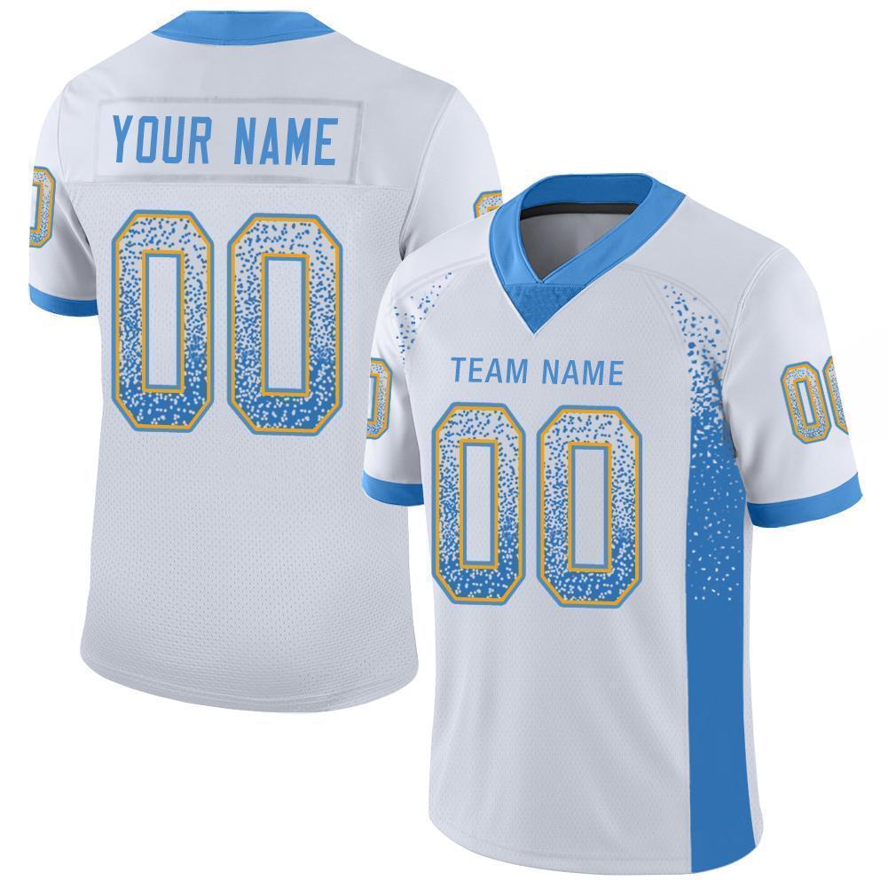 Custom White Powder Blue-Gold Mesh Drift Fashion Football Jersey - Sky-Custom