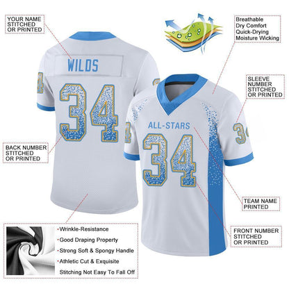 Custom White Powder Blue-Gold Mesh Drift Fashion Football Jersey - Sky-Custom