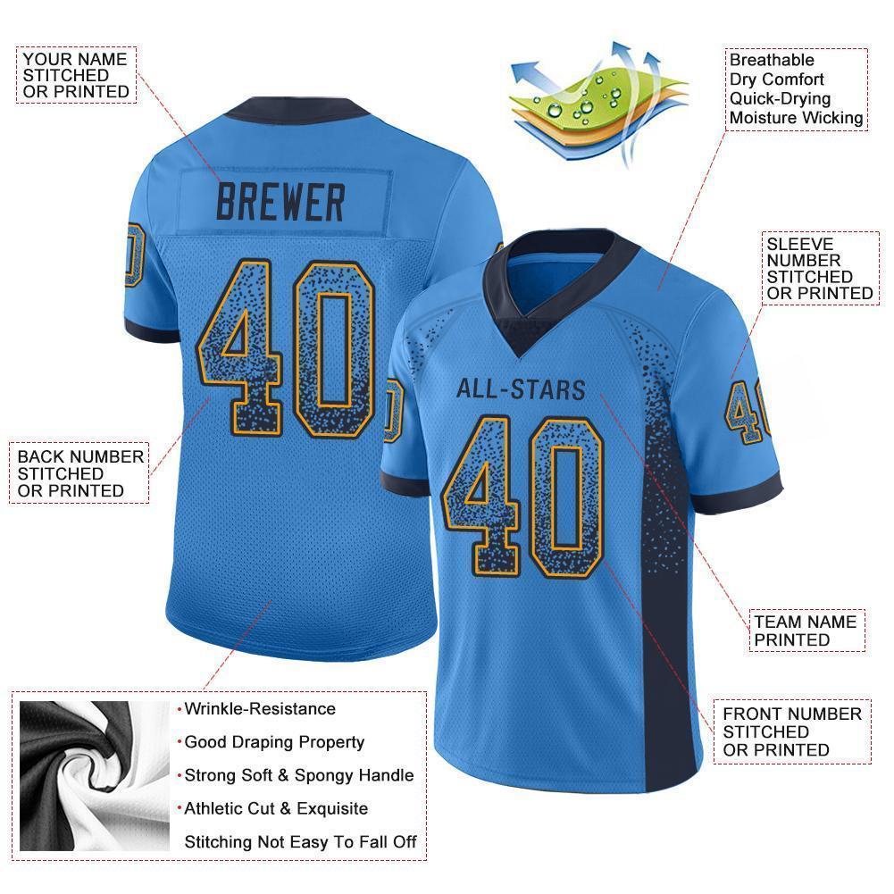 Custom Powder Blue Navy-Gold Mesh Drift Fashion Football Jersey - Sky-Custom