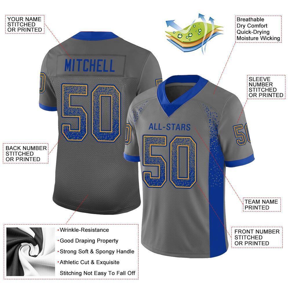 Custom Gray Royal-Gold Mesh Drift Fashion Football Jersey - Sky-Custom