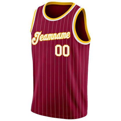 Custom Maroon White Pinstripe White-Gold Authentic Basketball Jersey - Sky-Custom