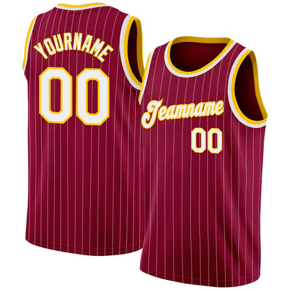 Custom Maroon White Pinstripe White-Gold Authentic Basketball Jersey - Sky-Custom