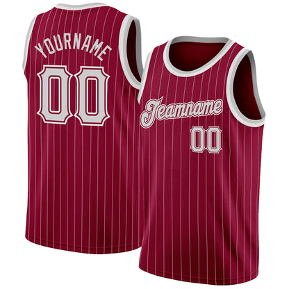 Custom Maroon White Pinstripe Gray-White Authentic Basketball Jersey - Sky-Custom